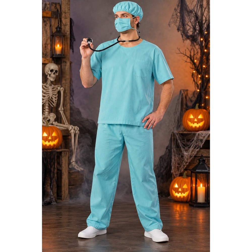Doctor Surgeon Scrubs Costume Mens XL 42-46 Halloween Stethoscope Mask Cap
